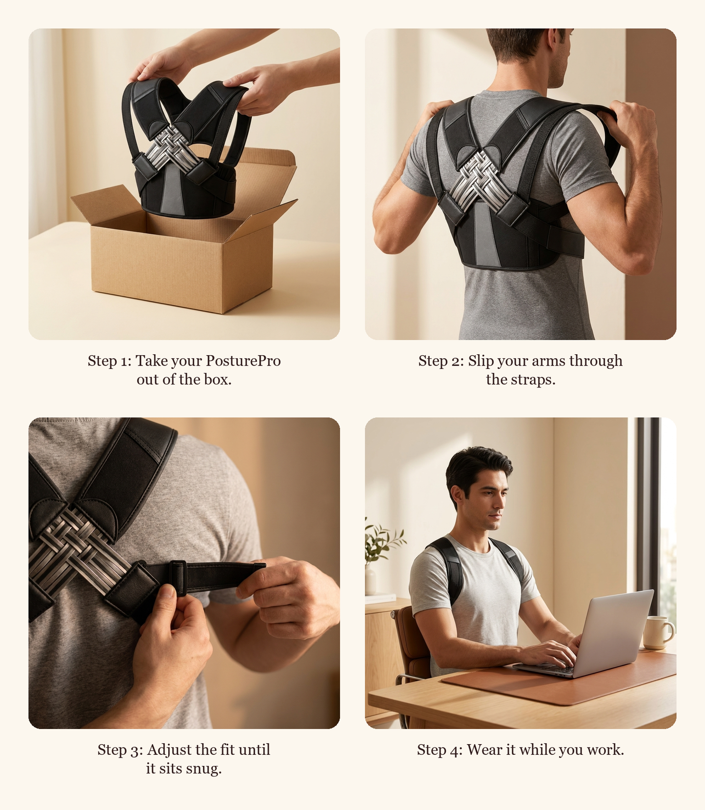 How to use the PosturePro Back Support Corrector in four steps