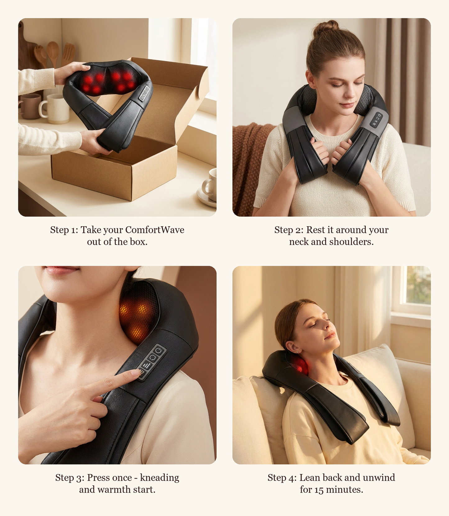 How to use the ComfortWave Heated Neck Massager in four steps