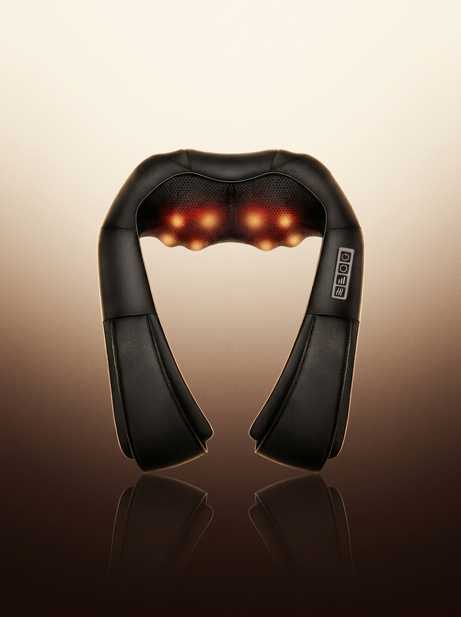 ComfortWave Heated Neck Massager on a warm cream to cocoa gradient