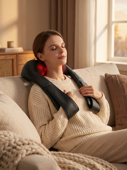 Relaxing at home on the sofa wearing the ComfortWave massager