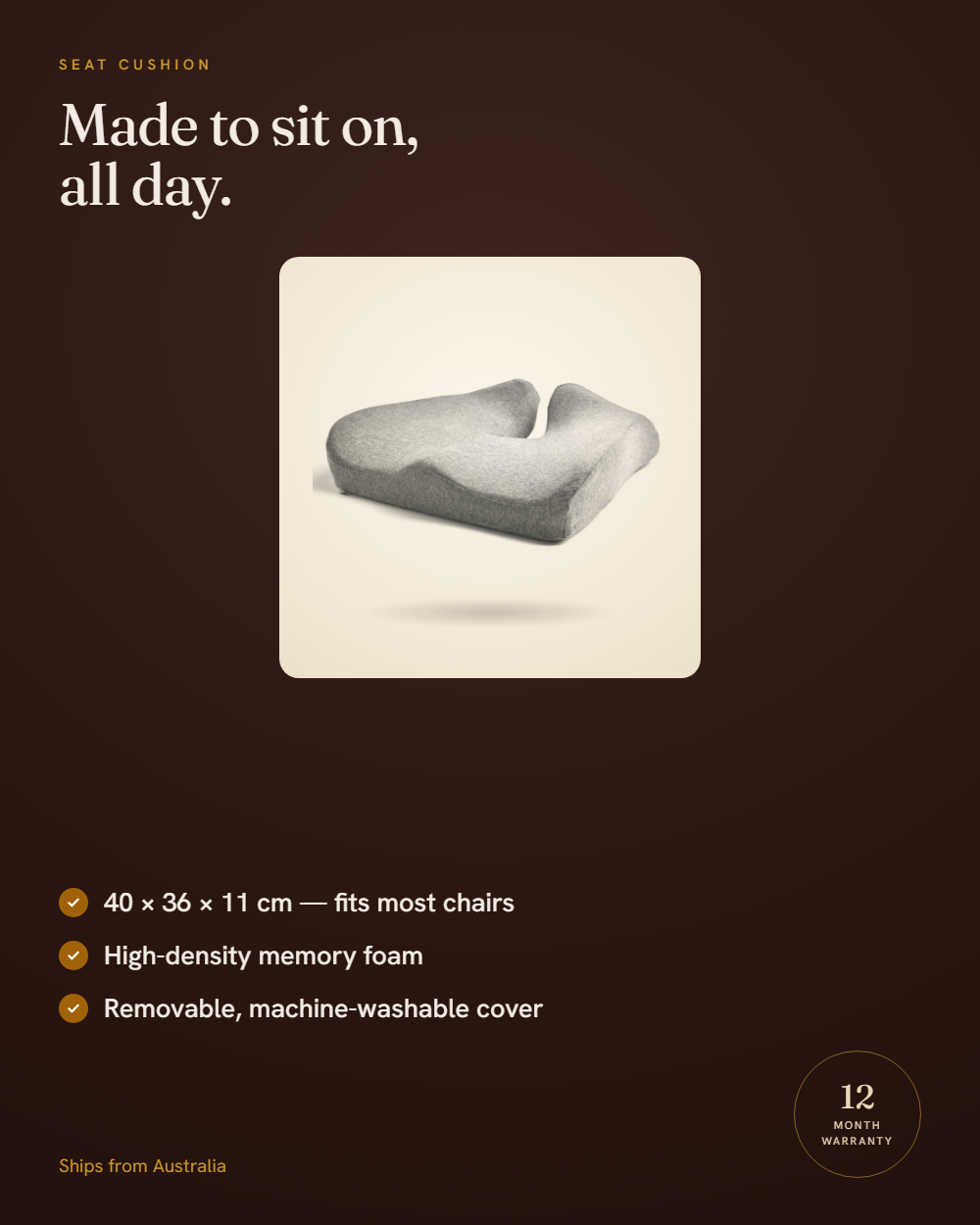 Ergonomic Seat Cushion — 40 by 36 by 11 cm, high-density memory foam, removable machine-washable cover