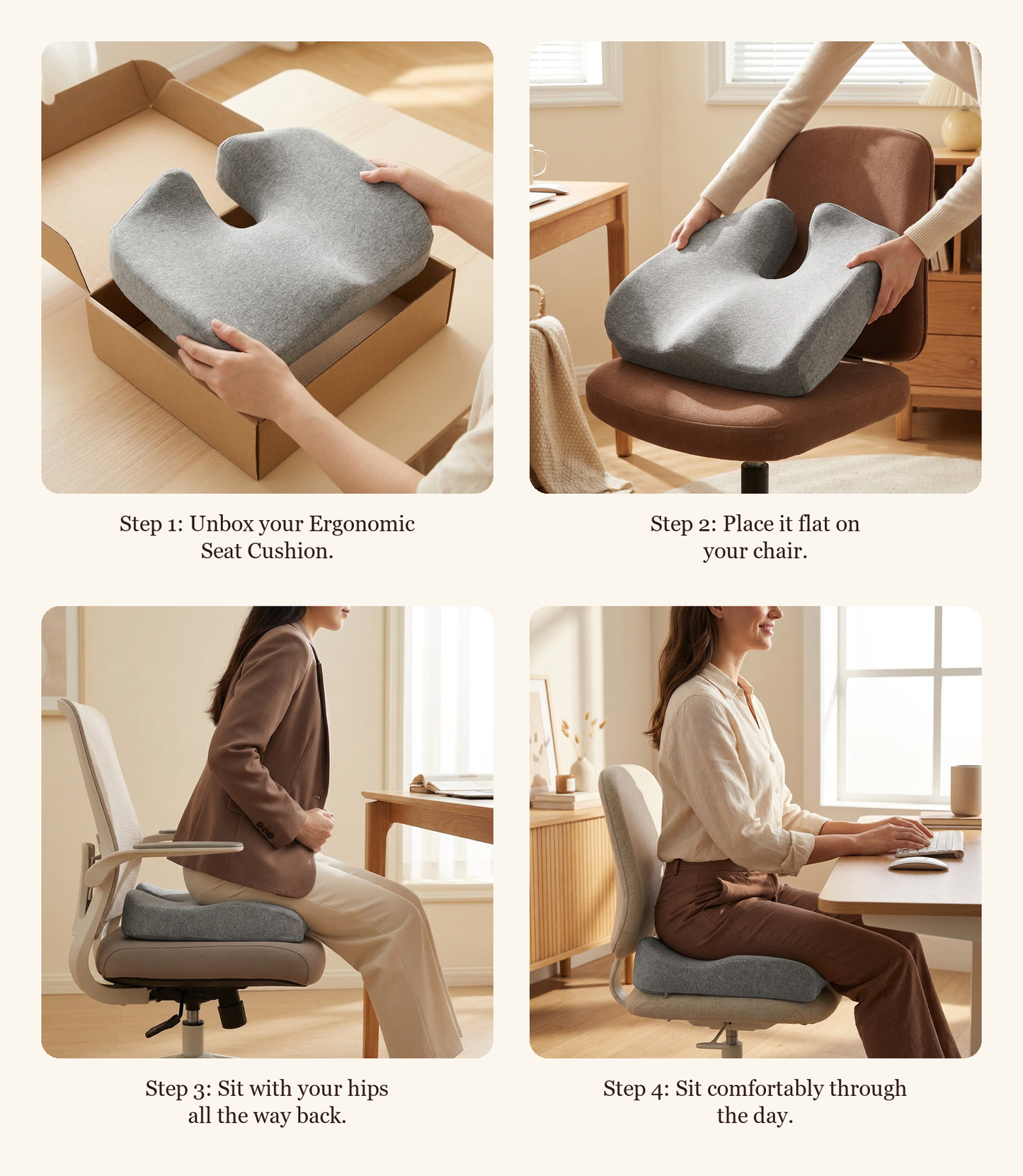 How to use the Ergonomic Seat Cushion in four steps