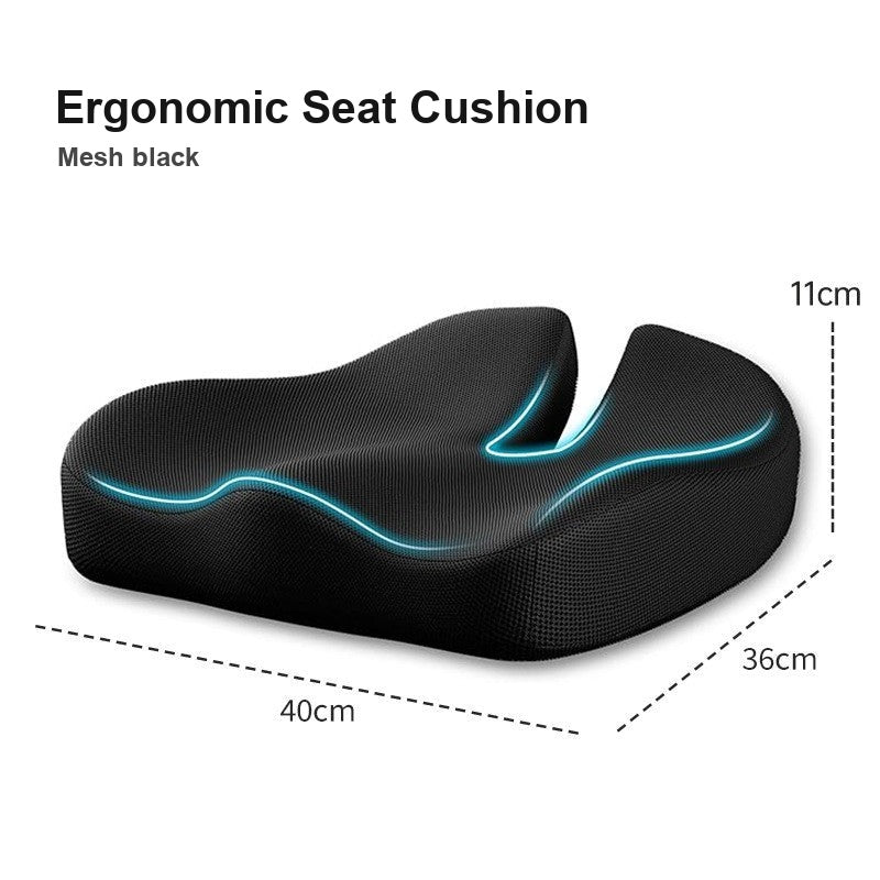 Ergonomic Seat Cushion – memory foam coccyx cutout, non-slip base