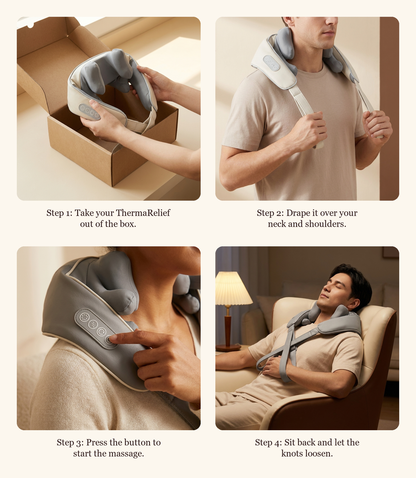 How to use the ThermaRelief Neck and Shoulder Massager in four steps